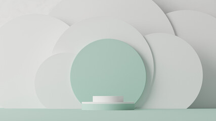 Minimal scene with podium and abstract background. Pastel blue and white colors scene. Trendy 3d render for social media banners, promotion, cosmetic product show. Geometric shapes interior.	