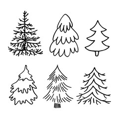 Hand drawn set doodle fir trees isolated on white background. Conifers sketch. Vector illustration. Design for print, banner, greeting card, logo