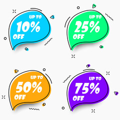 Set of sale vector layout template designs in memphis style, colorful discound design, up to 75%, percent sign for shop, business, marketing and store.