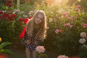 Naklejka premium Portrait little girl in roses. Baby walk in the fall sun. Vacation. girl in the rose garden