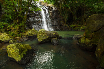 Naklejka na ściany i meble Waterfall landscape. Beautiful hidden waterfall in tropical rainforest. Nature background. Fast shutter speed. Sing Sing Angin waterfall, Bali, Indonesia