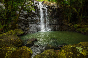 Waterfall landscape. Beautiful hidden waterfall in tropical rainforest. Nature background. Fast shutter speed. Sing Sing Angin waterfall, Bali, Indonesia
