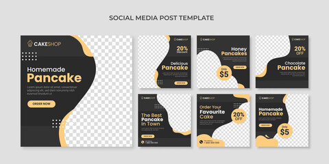 Homemade pancake social media post template. Food square banner for cake shop