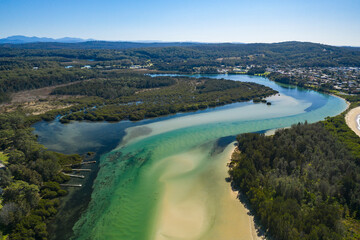 Aerial view of the beautiful Tomaga River at Tomakin on the New South Wales South Coast, Australia 