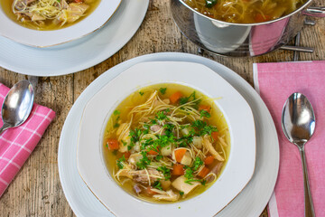 A plate of chicken Soup from above