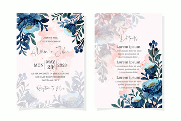  Wedding invitation card with blue floral watercolor