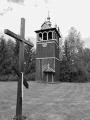 The cross on Orthodox Unite church. Artistic look in black and white.
