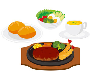 ハンバーグステーキと野菜サラダとパンのベクターイラスト