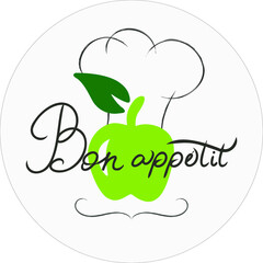 Good appetite on French language, bon appetite with green apple and mustache, chef's hat vector logo illustration isolated on white background
