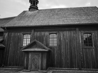 Wooden church in Pratulin. Artistic look in black and white.