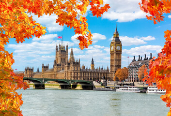 Big Ben tower with Houses of Parliament and Westminster bridge in autumn, London, UK - obrazy, fototapety, plakaty