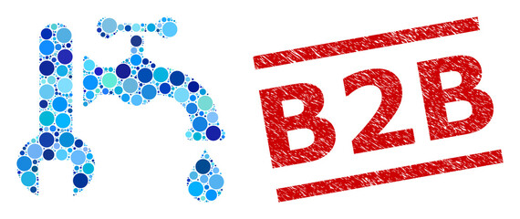 Round dot collage plumbing and B2B unclean stamp imitation. Stamp seal includes B2B tag between parallel lines. Vector collage is based on plumbing symbol, and created of random blue circle elements.