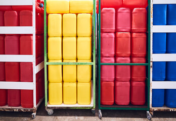 Red, yellow and blue plastic containers for chemicals.
