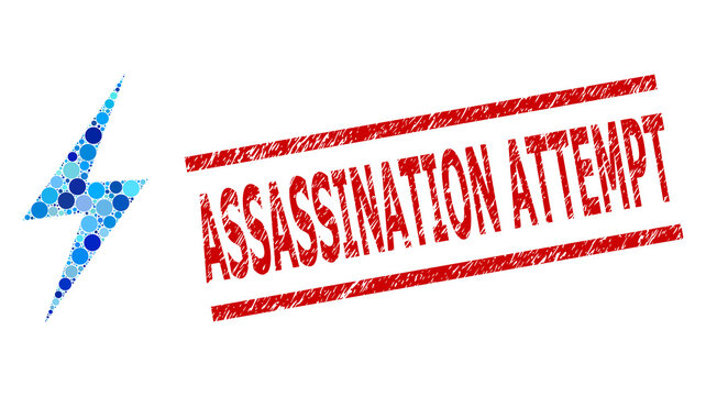 Circle combination electric spark and ASSASSINATION ATTEMPT dirty stamp seal. Stamp seal includes ASSASSINATION ATTEMPT tag between parallel lines. Vector mosaic is based on electric spark icon,