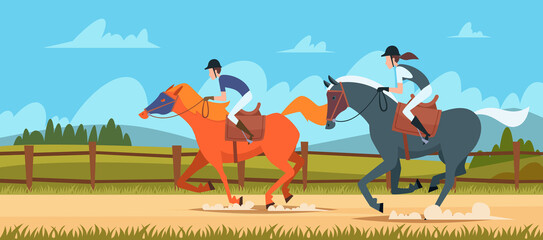 Obraz premium Equestrian sport background. People rides on race horse outdoor vector illustrations in cartoon style. Sport equestrian, horse and jockey running