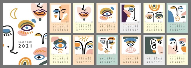 Wall vertical calendar for 2021, the week starts on Sunday. Template A4 format calendar set of month with cut out shapes, abstracts forms. Collection of line faces, eyes posters. Vector illustration.