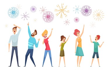 People watching salute. Festive firework and happy crowd adults and kids. Isolated cartoon woman man and pyrotechnic show vector illustration. Firework holiday, festival celebration colored