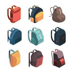 Travel bag pack. Isometric baggage colorful school bags vector illustration. Travel luggage, bag and pack, baggage adventure and schoolbag - obrazy, fototapety, plakaty