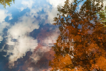 Reflection in water of blue sky, clouds and foliage of autumn tree