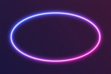 Obraz premium Gradient neon ellipse, blue-pink glowing oval border isolated on a dark background. Colorful night banner, vector light effect. Bright illuminated shape.