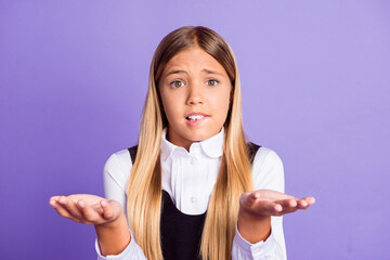 Close-up portrait of her she nice attractive clueless nervous hesitant long-haired schoolkid...