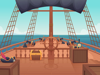 Wooden pirate ship. Captain bridge with steering wheel vintage shipping board vector cartoon illustration. Sail boat wooden, navigation transportation, wood decks ship
