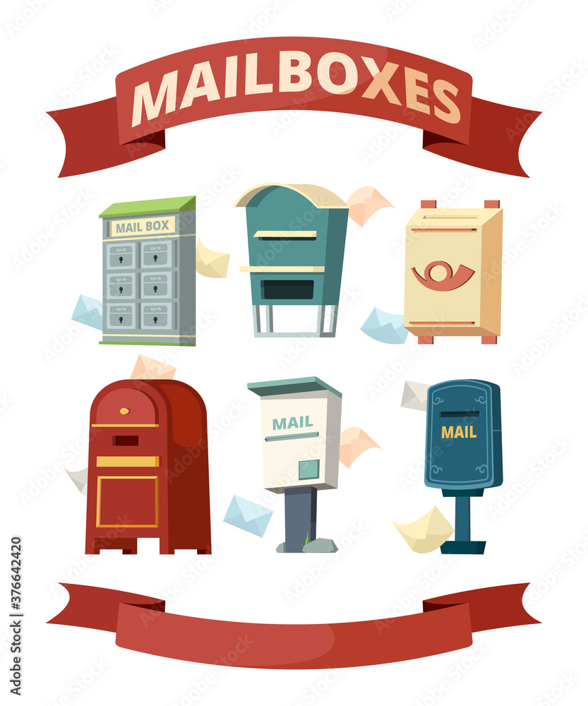 Poster mail boxes. containers for post letters vector illustrations set. post container, box for envelope, 