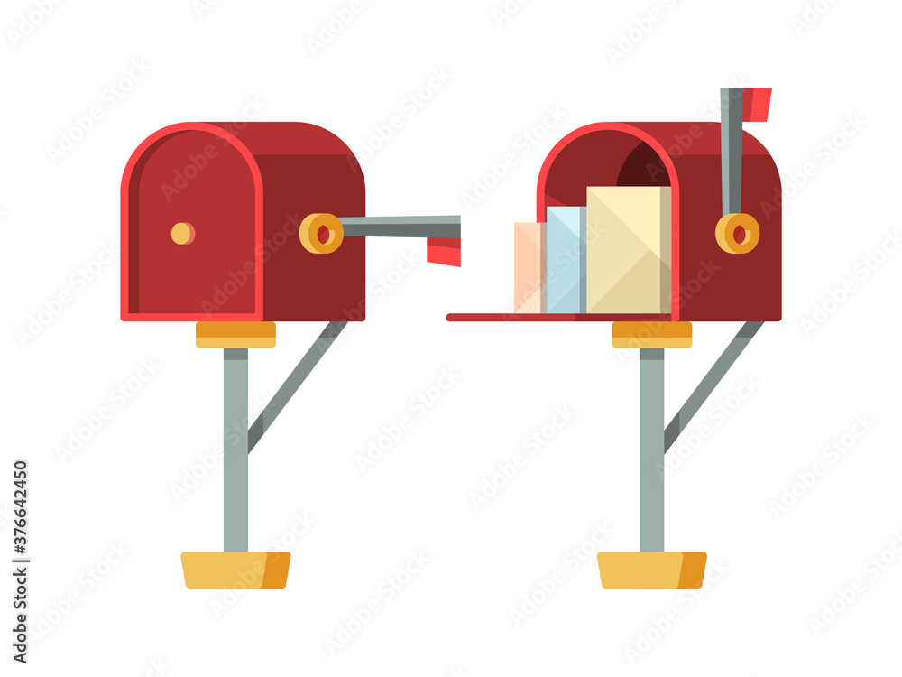 Poster open mailbox. post letterbox with envelopes vector isolated containers. container post for mail and 