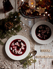 tasty traditional red  borsch with dumplings