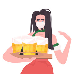 woman in medical mask holding beer mugs Oktoberfest party celebration coronavirus quarantine concept girl in german traditional clothes portrait vector illustration