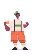 guy waiter holding beer mug Oktoberfest party concept african american man in german traditional clothes having fun full length isolated vertical vector illustration