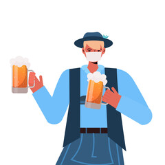man in medical mask holding beer mugs Oktoberfest party celebration coronavirus quarantine concept guy in german traditional clothes portrait vector illustration