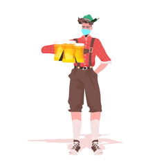 man in medical mask holding beer mugs Oktoberfest party celebration coronavirus quarantine concept guy in german traditional clothes full length vector illustration