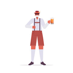 man in medical mask holding beer mug Oktoberfest party celebration coronavirus quarantine concept guy in german traditional clothes full length vector illustration