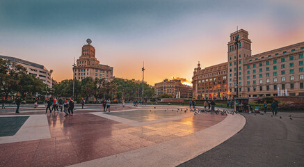 Panorama of Plaza Catalunya in Barcelona, Spain