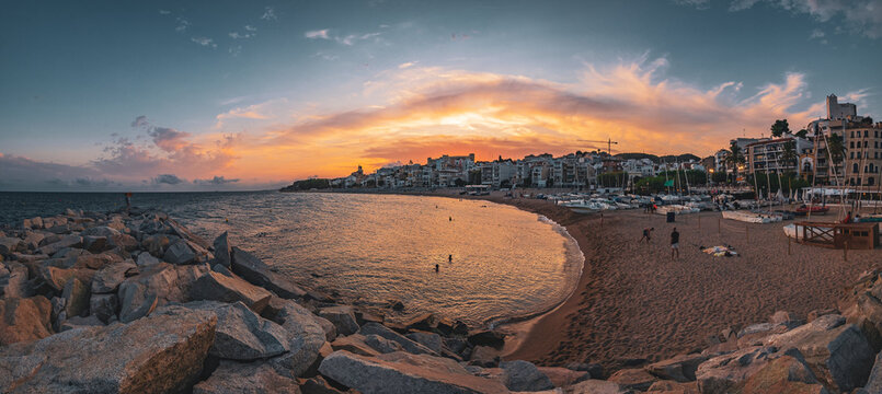 Panorama of a sunset in Sant Pol de Mar, a beautiful town near Barcelona, Spain