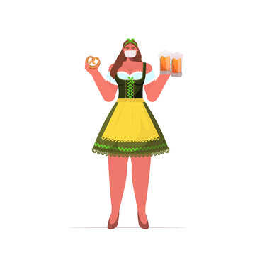woman in medical mask holding beer mugs and salty pretzel Oktoberfest party celebration coronavirus quarantine concept girl in german traditional clothes full length vector illustration