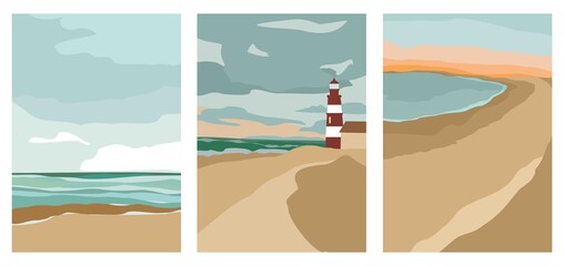 Set of vertical posters on the sea theme in a trending flat style. Landscapes of the sea and the sandy coast carved with simple shapes. Backgrounds with abstract spots and figures. Vector illustration