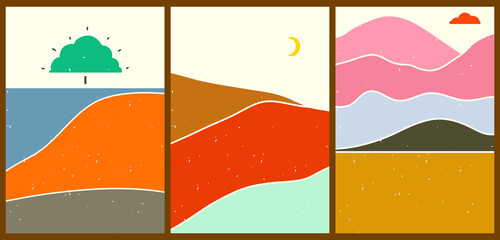 Bright creative cartoon posters. Minimalistic abstract backgrounds for your social networks, stories. Set of landscapes with different shapes, mountains, fields, moon, clouds, trees.