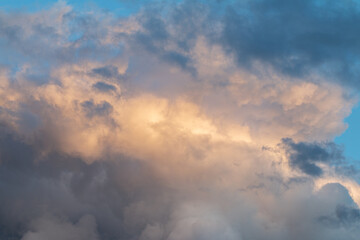 beautiful blue sky with clouds, nature background, film grain noise effect

