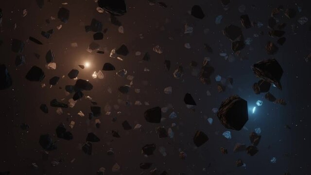 3D animation: Cinematic flight through dark deep space asteroids field above bright stars background