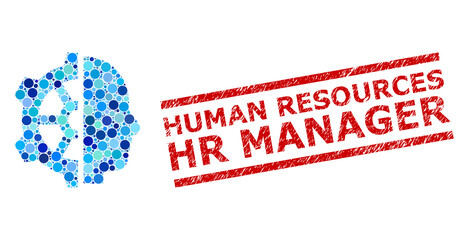 Round dot collage cyborg gear and HUMAN RESOURCES HR MANAGER rubber seal. Stamp seal includes HUMAN RESOURCES HR MANAGER tag between parallel lines. Vector collage is based on cyborg gear symbol,