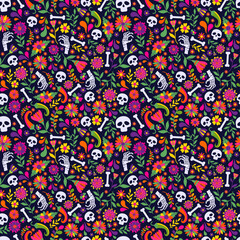 Seamless vector pattern with mexican elements - guitar, sombrero, tequila, taco, skull on dark. Perfect artistic background for your design. Dias de los muertos. Translate-Feast of death.