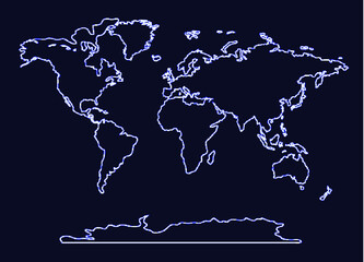 Vector neon blue world map background, glowing contour lines isolated on dark blue background.
