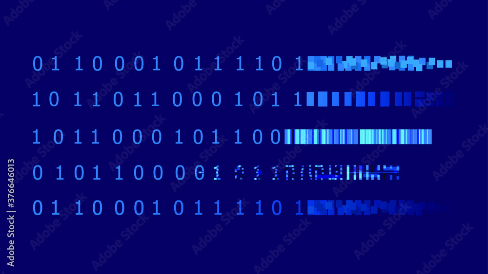 Wall mural vector binary code is transforming to the pixels, colorful blue illustration, design elements set.