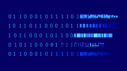 Vector binary code is transforming to the pixels, colorful blue illustration, design elements set.
