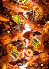 Milk chocolate, sweet caramel sauce texture, nuts 3D splash isolated, white background. Hazelnuts, almonds, pistachio, walnuts, caramel, milk chocolate frame illustration, mixed media template design