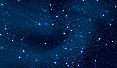 Naklejka na ściany i meble Abstract digital network connection structure on blue background. Artificial intelligence and engineering technology concept. Global network Big Data, Lines plexus, minimal array. Vector illustration.