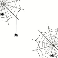 Vector spiderweb with funny cartoon spiders isolated on white. Empty space for text. Design for card, frame, poster, halloween, web, app, mobile
