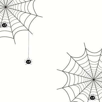 Vector spiderweb with funny cartoon spiders isolated on white. Empty space for text. Design for card, frame, poster, halloween, web, app, mobile